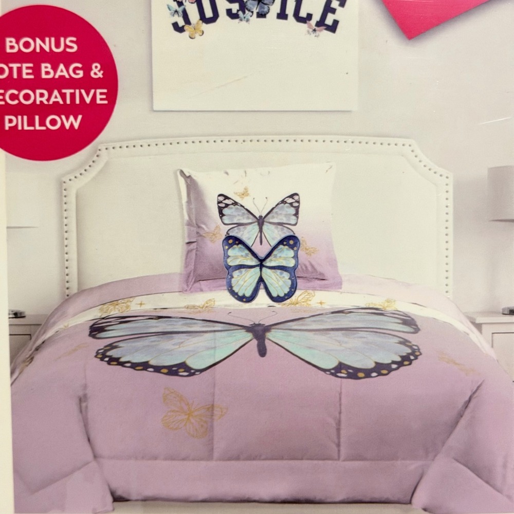 Justice Butterfly Reversible Twin Full Comforter Set Purple Blue Pillow Tote Bag